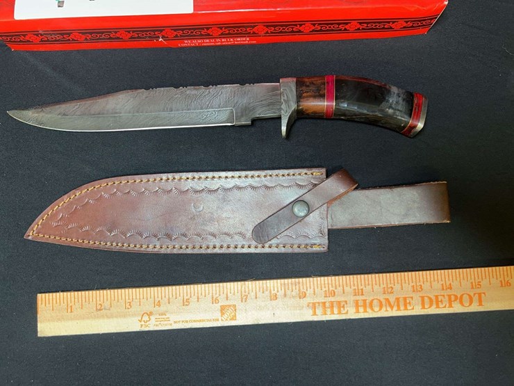 custom-damascus-steel-fixed-blade-knife-w/-orange/red-stripe-handle-image-2
