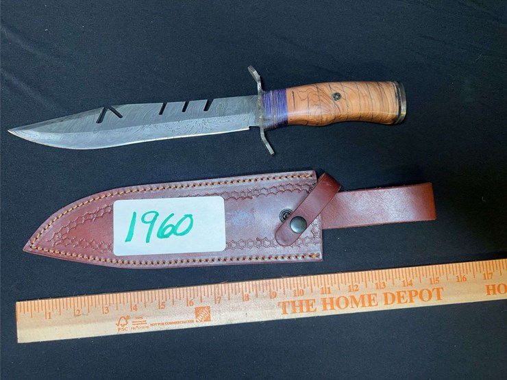 custom-damascus-steel-fixed-blade-knife-w/-cream/red-stripe-handle-image-1