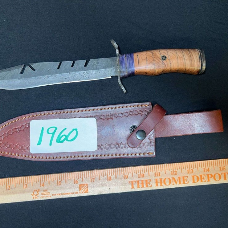 CUSTOM DAMASCUS STEEL FIXED BLADE KNIFE W/ CREAM/RED STRIPE HANDLE