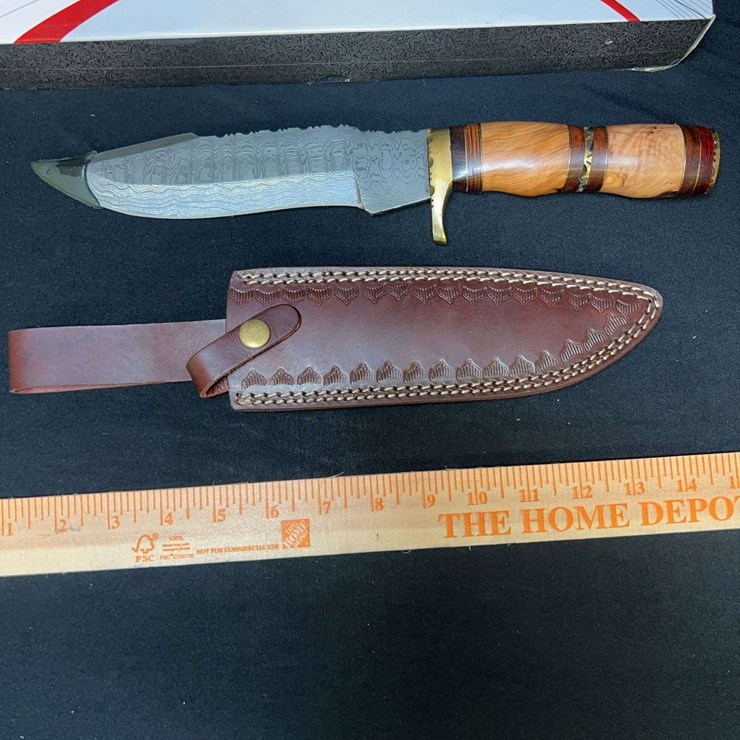 CUSTOM DAMASCUS STEEL FIXED BLADE KNIFE W/ CREAM/RED STRIPE HANDLE