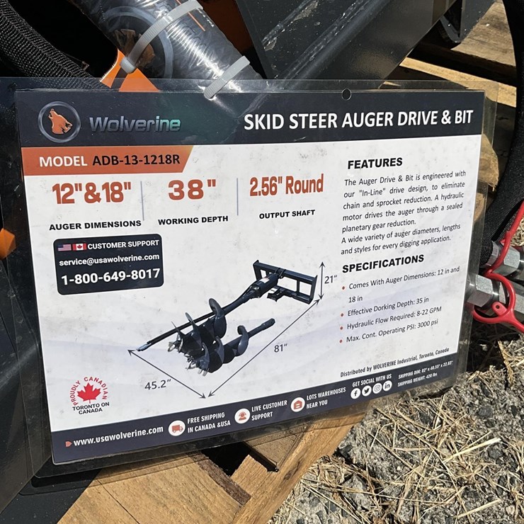 WOLVERINE ADB-13-1218R SKID STEER AUGER DRIVE AND BITS