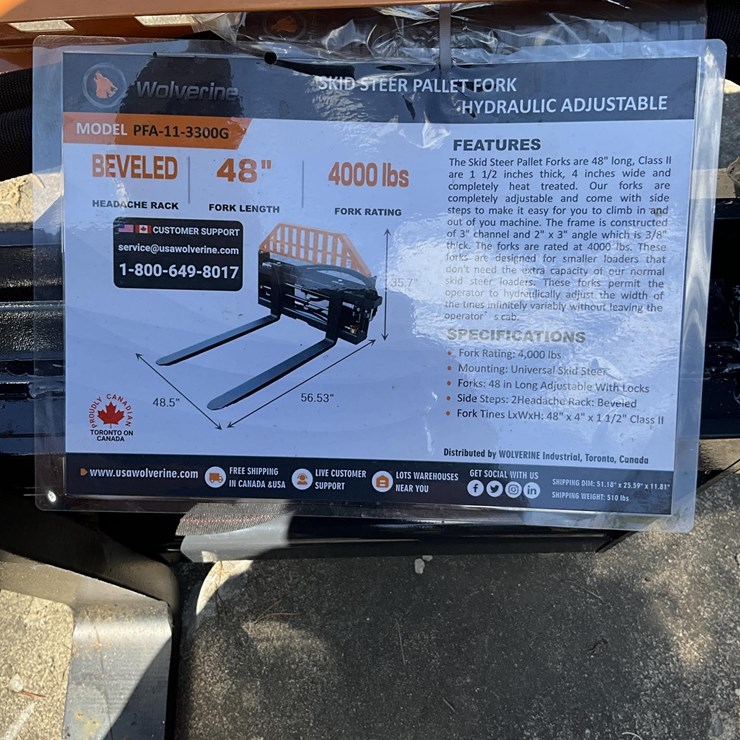WOLVERINE PFA-11-3300G SKID STEER HYDRAULIC PALLET FORKS
