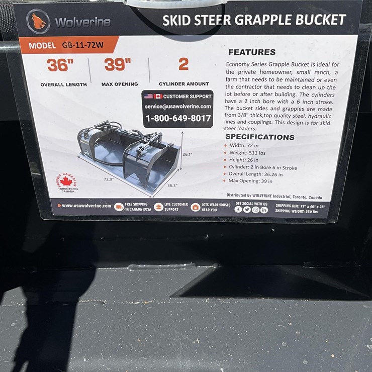 WOLVERINE GB-11-72W SKID STEER GRAPPLE BUCKET