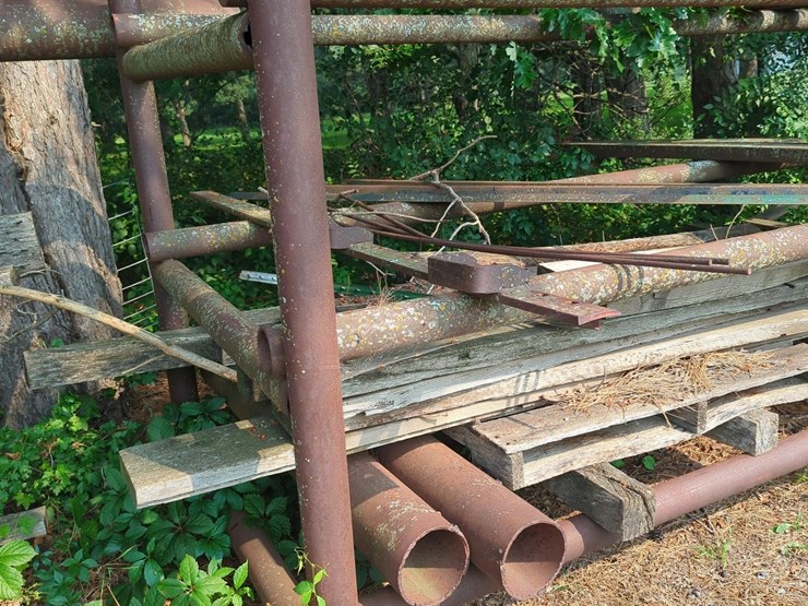 outdoor-metal-storage-rack,-3-shelves-with-assorted-lumber-&-stakes,-pipe-image-1