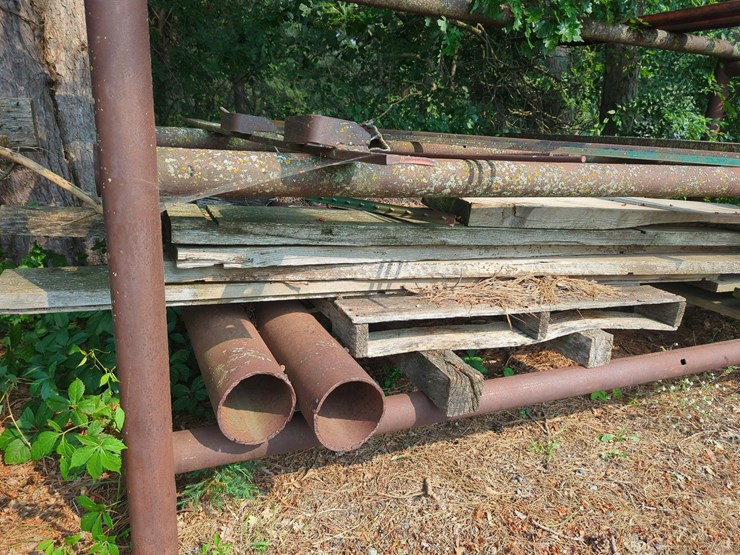 outdoor-metal-storage-rack,-3-shelves-with-assorted-lumber-&-stakes,-pipe-image-4