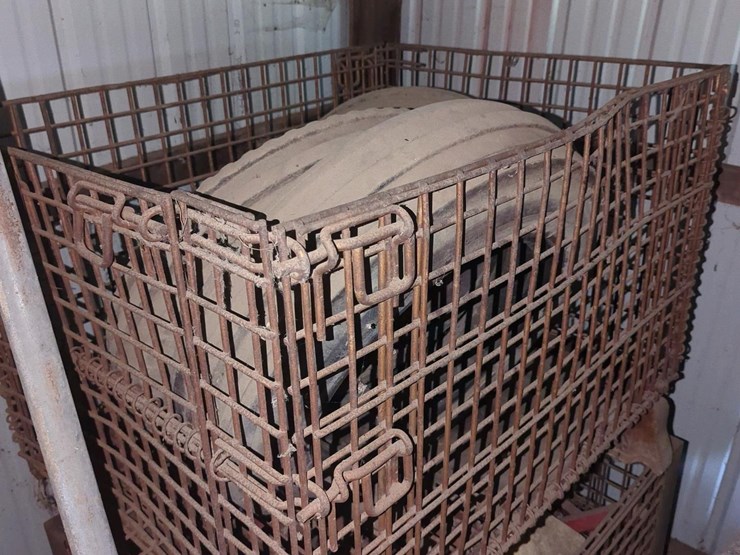 (3)-32"x40"x2'-wire-mesh-crates-with-assorted-farm-contents-including-tractor-tires,-small-front-tractor-tires,-weights,-seats-image-1