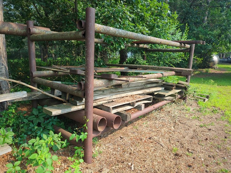 outdoor-metal-storage-rack,-3-shelves-with-assorted-lumber-&-stakes,-pipe-image-2