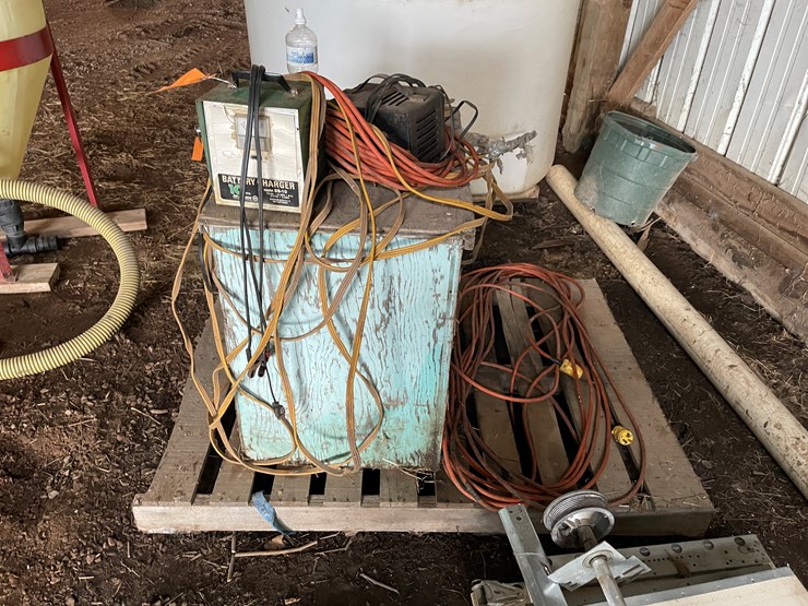 #7168-•-pallet-of-electrical-cords,-battery-chargers-and-wooden-box-image-1