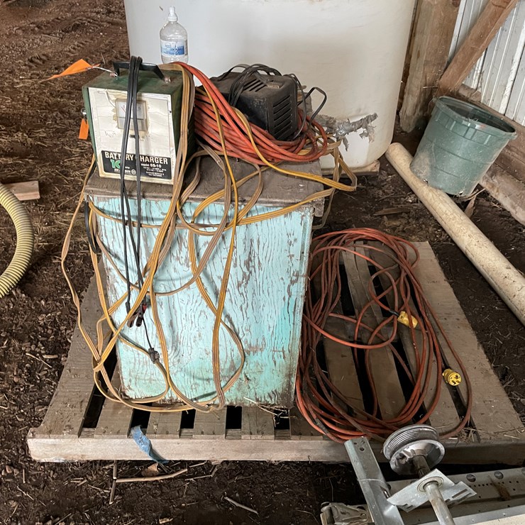#7168 • Pallet of Electrical Cords, Battery Chargers and Wooden Box