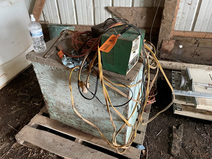 #7168-•-pallet-of-electrical-cords,-battery-chargers-and-wooden-box-image-2