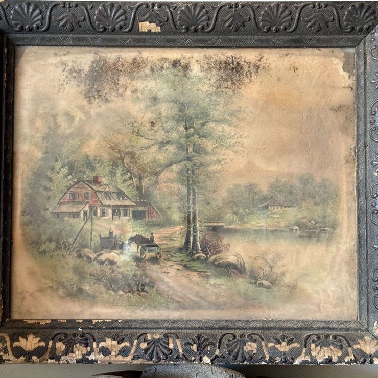 Framed Farm Scene Chromolithograph