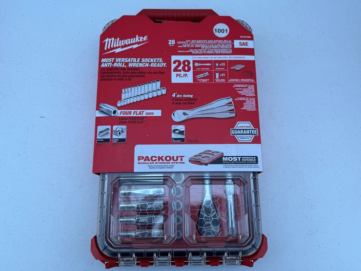 #1001-•-milwaukee-3/8”-drive-28pc-ratchet-&-socket-set-with-packout™-low-profile-compact-organizer---sae...-image-1