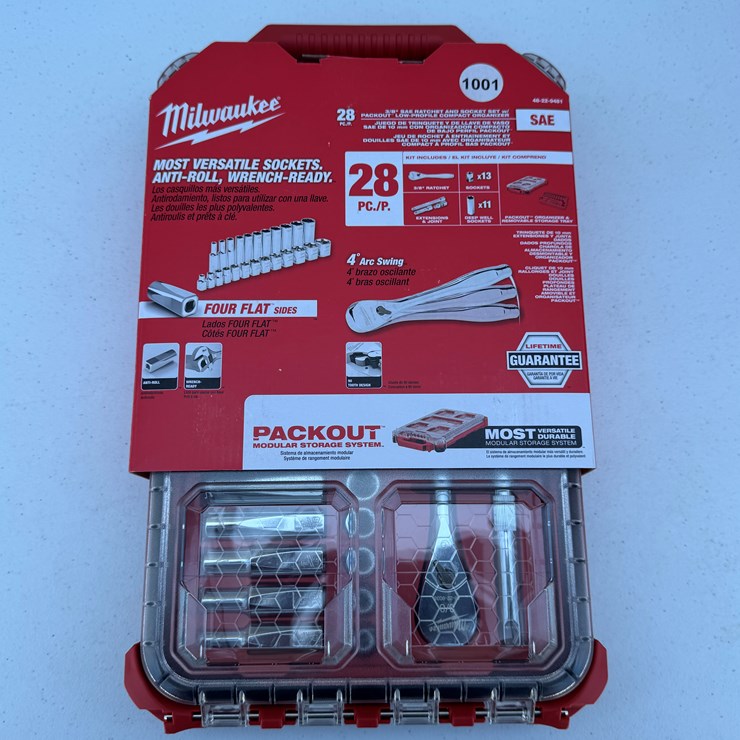 #1001 • Milwaukee 3/8” Drive 28pc Ratchet & Socket Set with PACKOUT™ Low-Profile Compact Organizer - SAE...