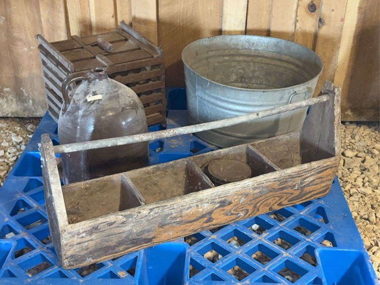 primitive-lot.-egg-crate,-old-wash-tub,-crock-jug,-&-more-image-1