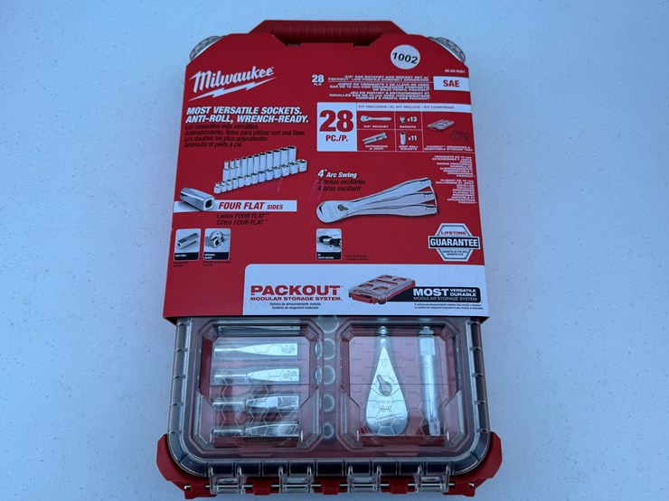 #1002-•-milwaukee-3/8”-drive-28pc-ratchet-&-socket-set-with-packout™-low-profile-compact-organizer---sae...-image-1