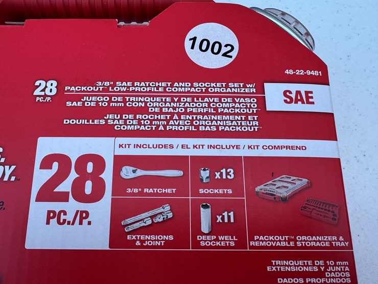 #1002-•-milwaukee-3/8”-drive-28pc-ratchet-&-socket-set-with-packout™-low-profile-compact-organizer---sae...-image-2