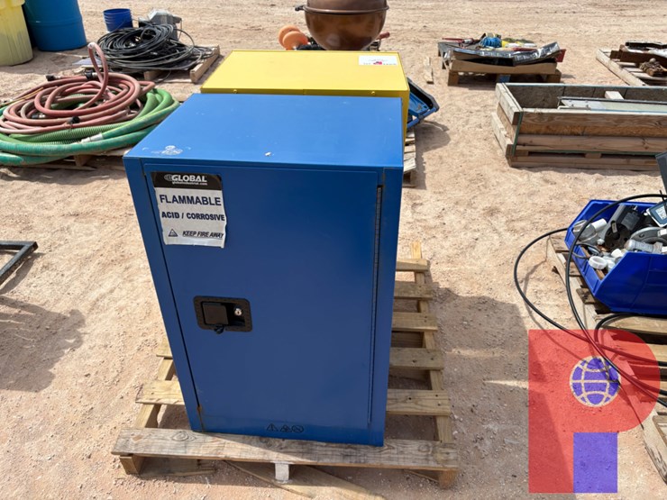 (2)-2’-x-1.5’-x-3’-flammable-storage-cabinets-&-(2)-pallets-of-misc.-electric-components,-degreaser,-air-hose,-etc-image-2