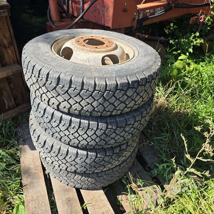 (4) 8.75R16.5 Tires on Dually Rims, Good Tread, Some Sidewall Cracks