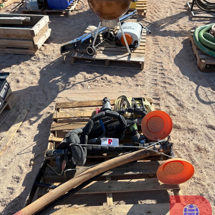 (2) PALLETS W/ EMERGENCY SHOWER PARTS, WEBER CHARCOAL GRILL, STIHL WEED SPRAYER, & STEP LADDER