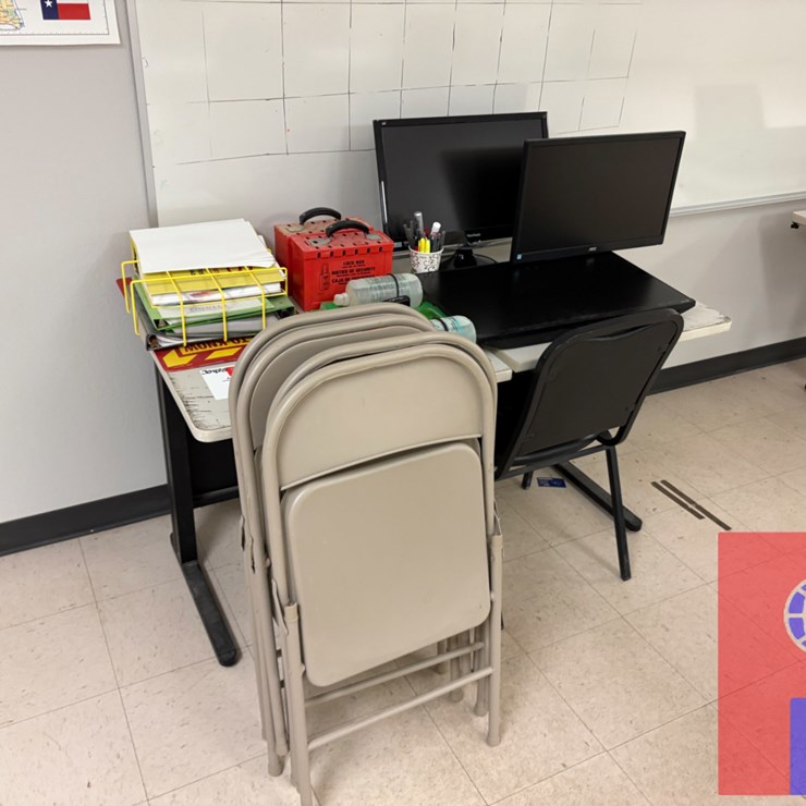 4.5’ X 2’ X 2.5’ DESK W/ FOLDING CHAIRS, (3) MONITORS, SAFETY EQUIPMENT