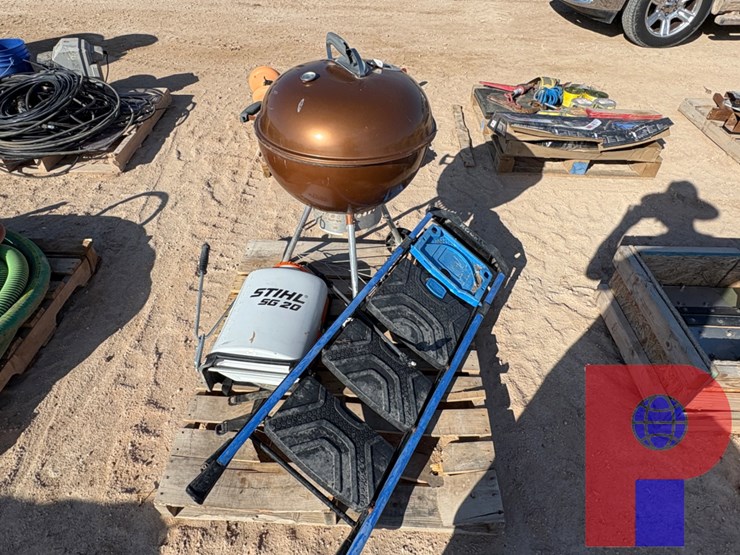 (2)-pallets-w/-emergency-shower-parts,-weber-charcoal-grill,-stihl-weed-sprayer,-&-step-ladder-image-2
