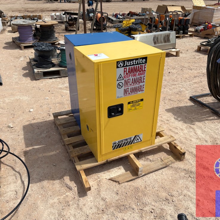 (2) 2’ X 1.5’ X 3’ FLAMMABLE STORAGE CABINETS & (2) PALLETS OF MISC. ELECTRIC COMPONENTS, DEGREASER, AIR HOSE, ETC