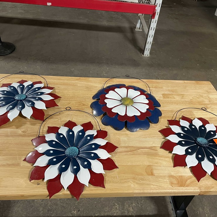 #3106 • (4) Red White And Blue Hanging Metal Flowers (T14)