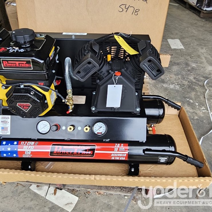 Powertrain 10Gal Wheelbarrow/ Contractor Air Compressor, c/w V-Twin Cast Iron Pump, 135 PSI, 11.2CFM, 212 CC Powertrain Engine-(1Yr Factory Warranty)