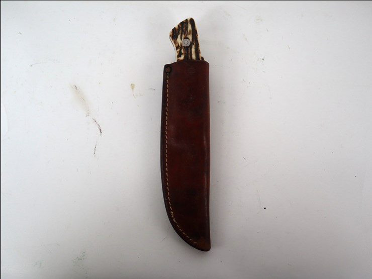 #78-•-#4250-•-ted-m-dowell-custom-fixed-blade-hunting-knife-with-stag-handle-and-leather-sheath-image-2
