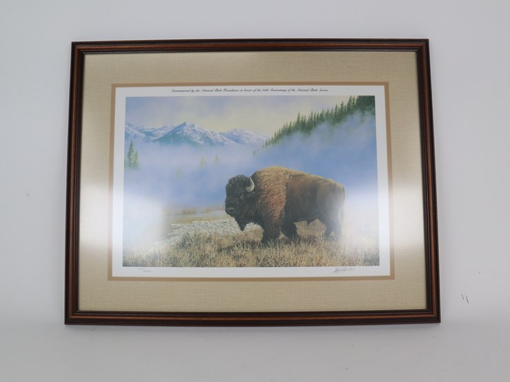 #70-•-#4237-•-framed-ken-hunter-bison-signed-print-for-national-parks-foundation-75th-anniversary-347/2000-image-1