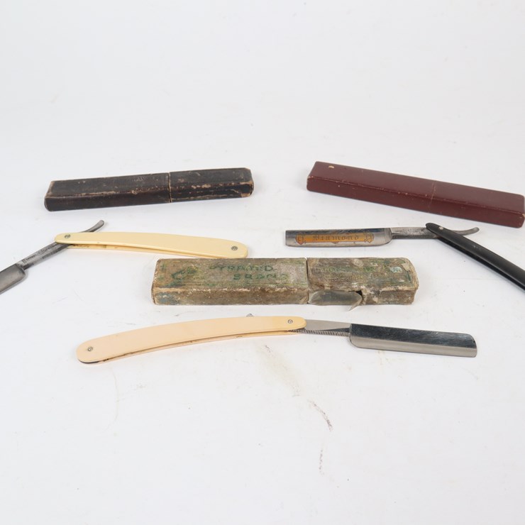 #28 • #4257 • (3) Antique Straight Razors including Heinr Boker & Co, Crown & Sword, and Geneva Cutlery