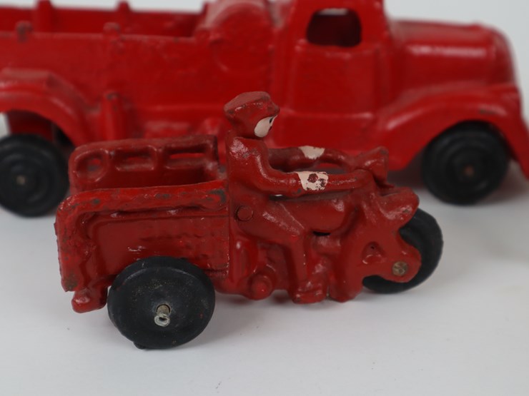 #38-•-#4201-•-(3)-antique-cast-iron-toys-featuring-fire-truck,-tractor-and-motorbike-image-2