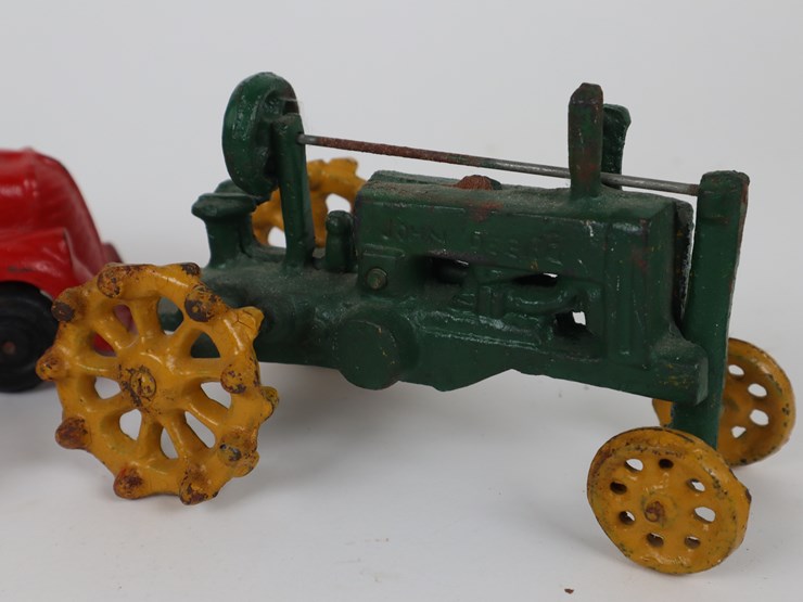#38-•-#4201-•-(3)-antique-cast-iron-toys-featuring-fire-truck,-tractor-and-motorbike-image-3