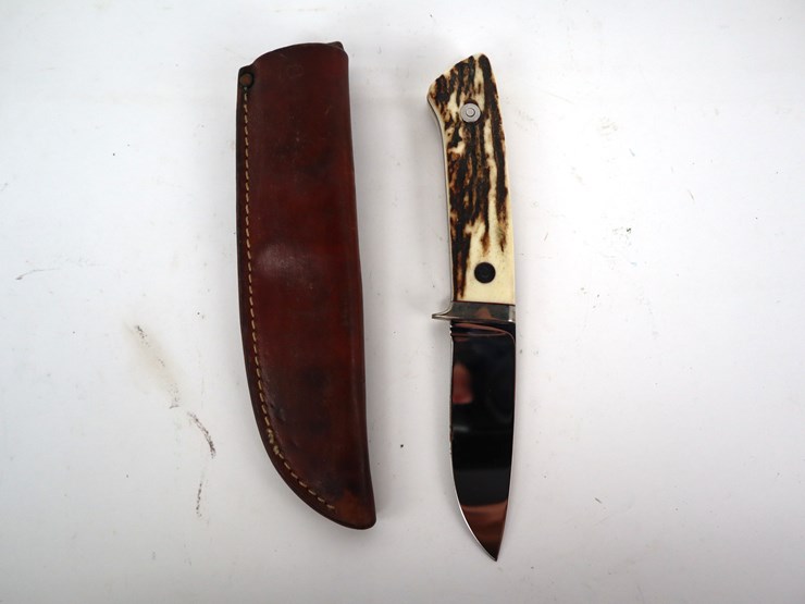 #78-•-#4250-•-ted-m-dowell-custom-fixed-blade-hunting-knife-with-stag-handle-and-leather-sheath-image-1