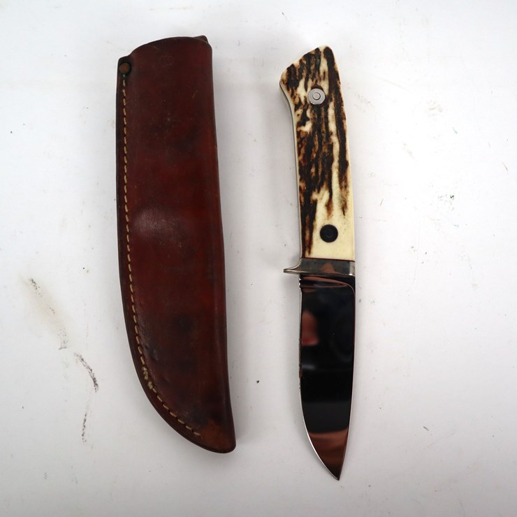 #78 • #4250 • Ted M Dowell Custom Fixed Blade Hunting Knife with Stag Handle and Leather Sheath