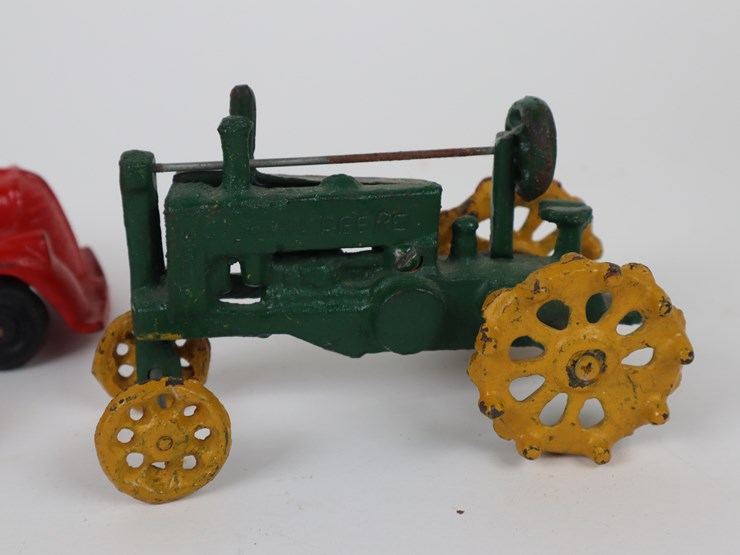 #38-•-#4201-•-(3)-antique-cast-iron-toys-featuring-fire-truck,-tractor-and-motorbike-image-4