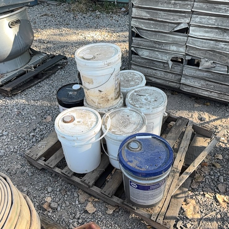 PALLET OF ASSORTED 5 GALLON PAILS OF LUBRICANTS SUPPORT EQUIPMENT