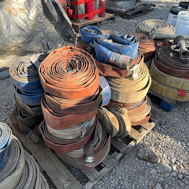 PALLET OF ASSORTED SIZE LAY-FLAT PUMP DISCHARGE HOSE SUPPORT EQUIPMENT