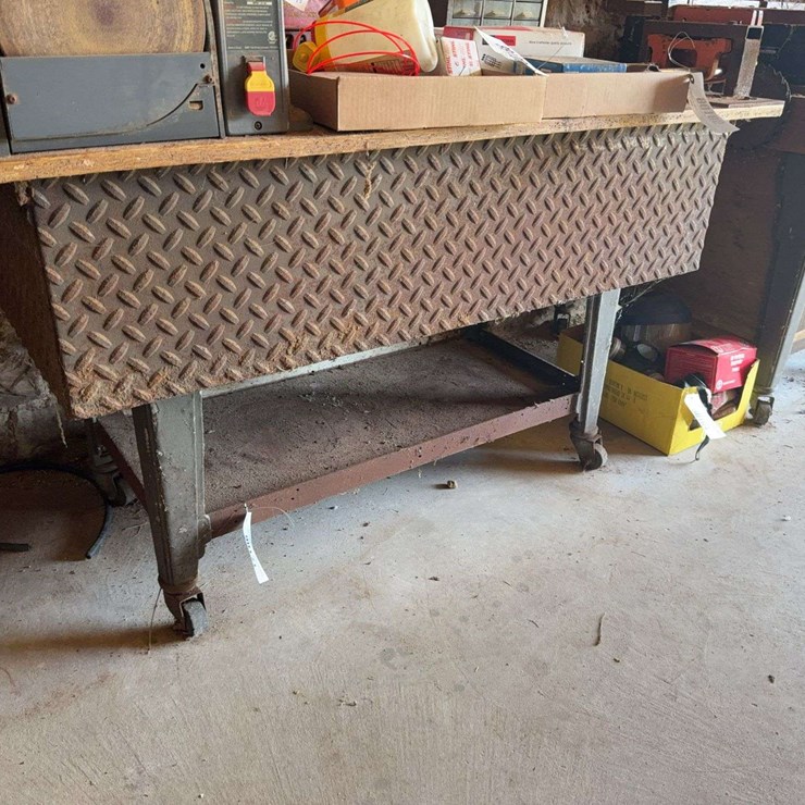 Heavy duty, metal framed, rolling shop bench with vice