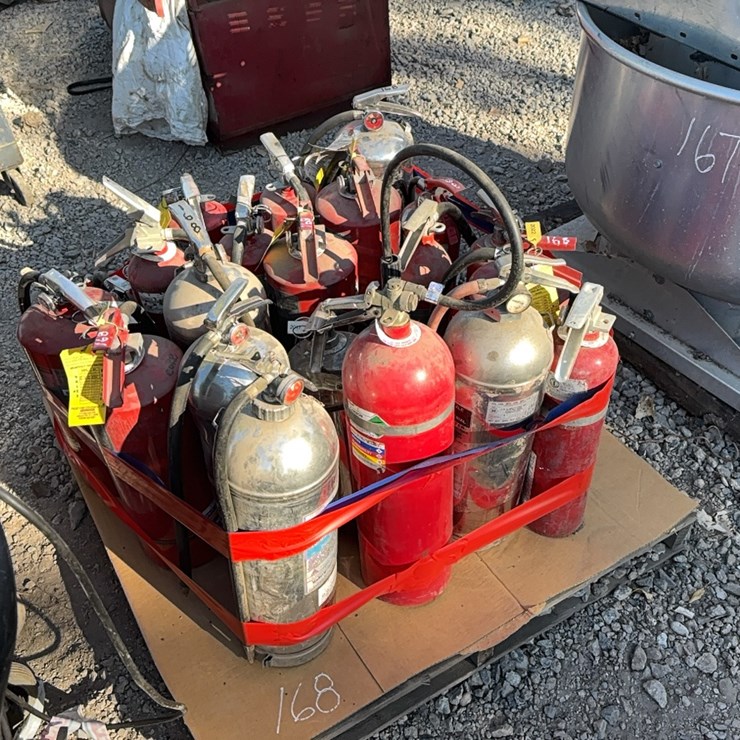PALLET OF ASSORTED FIRE EXTINGUISHERS SUPPORT EQUIPMENT