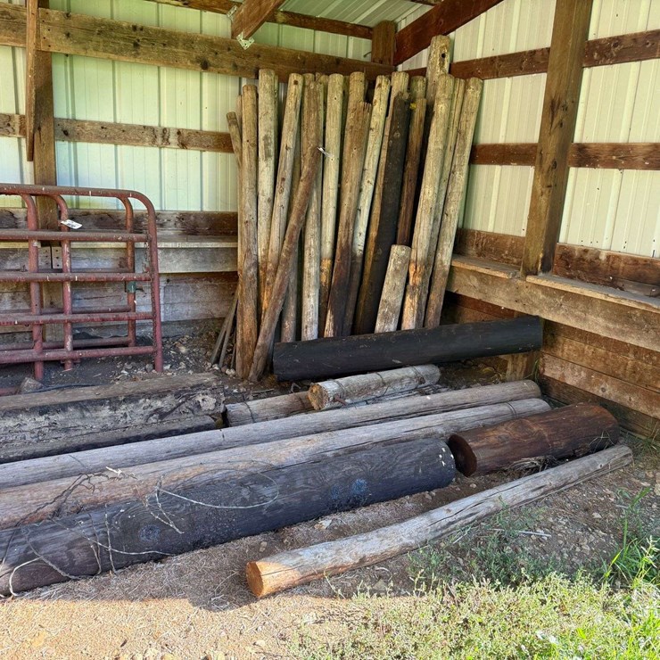 Large Assortment Of Wood Fence Posts, Railroad Ties, Rebar, Wire