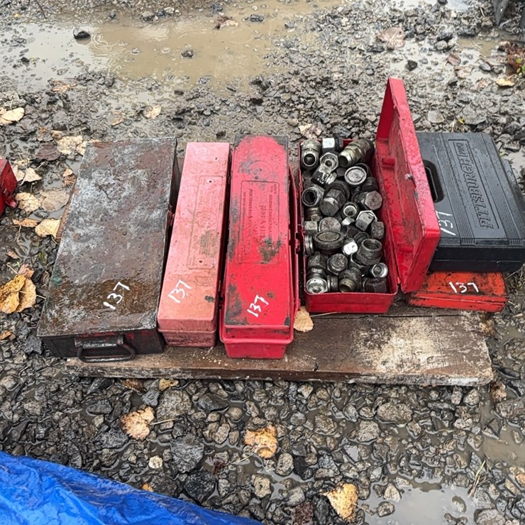 (3) TOOL BOXES OF HD SOCKETS, 1 BOX OF HYDRAULIC FITTINGS, 2 SAFETY REFLECTOR KITS SUPPORT EQUIPMENT