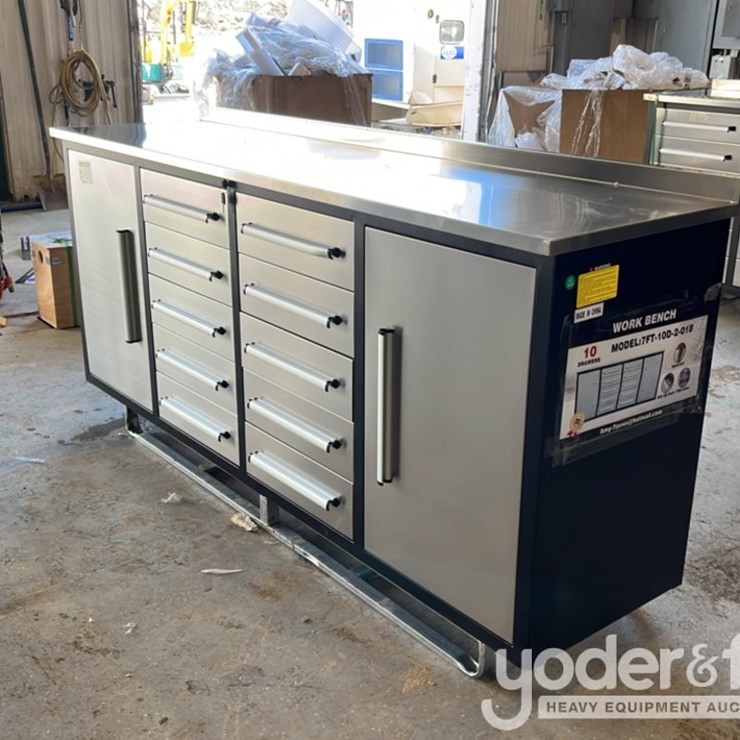 Unused 7' Work Bench c/w 10 Drawers, 2 Cabinets, Lock, Anti-Slip Inners, 3 Rail Sliding, Stainless Steel