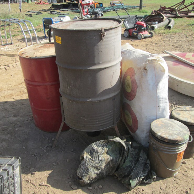 #2045 • (2) Oil Drums, Deer Feeders & Hunting Supplies Inv# 29924