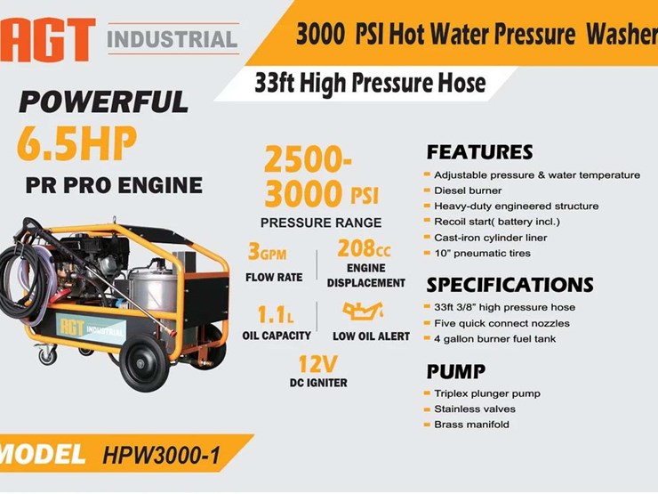 agt-industrial-3000-psi-hot-water-pressure-washer-w/-33ft-hose---6.5-hp-pr-pro-image-1