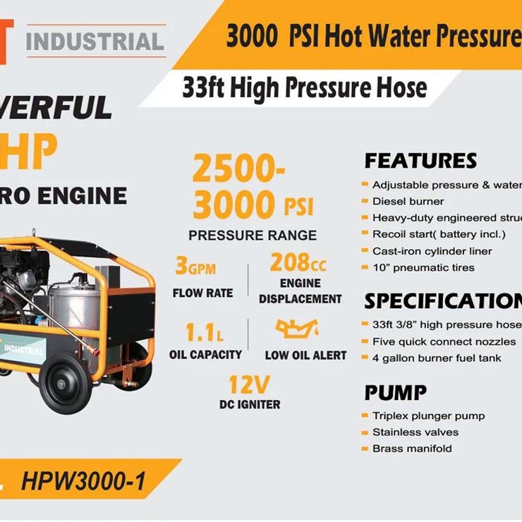 AGT Industrial 3000 PSI Hot Water Pressure Washer w/ 33ft Hose - 6.5 HP PR PRO