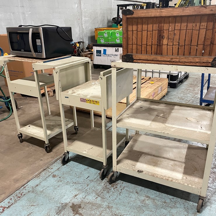 #7254 • (3) Metal Rolling Carts, Wood Crate and Microwave