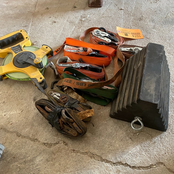 #1074 • Ratchet Straps, 100' Measuring Tape and Wheel Chock