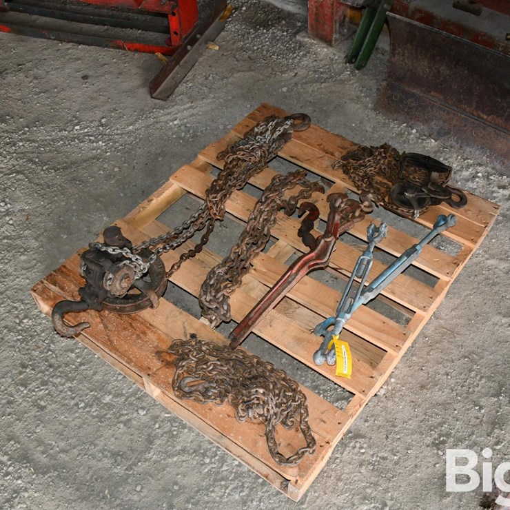 Pallet Of Chains, Pulley, Binders