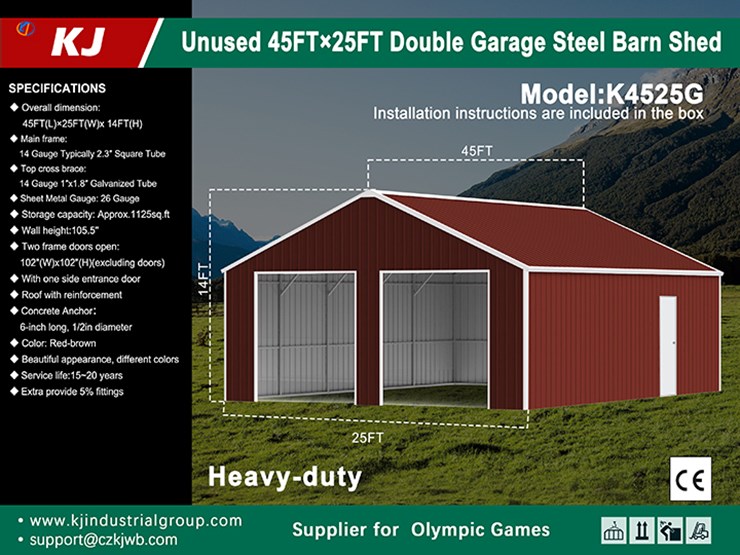 kj-heavy-duty-45'-x-25'-double-garage-steel-barn-shed-w/-side-door-entrance,-m/n-k4525g,-unused-image-4